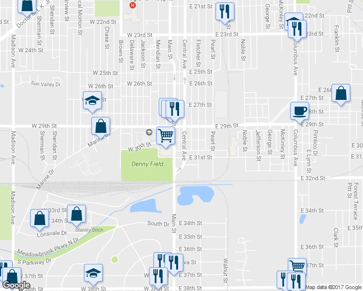 map of restaurants, bars, coffee shops, grocery stores, and more near 3011 Central Avenue in Anderson