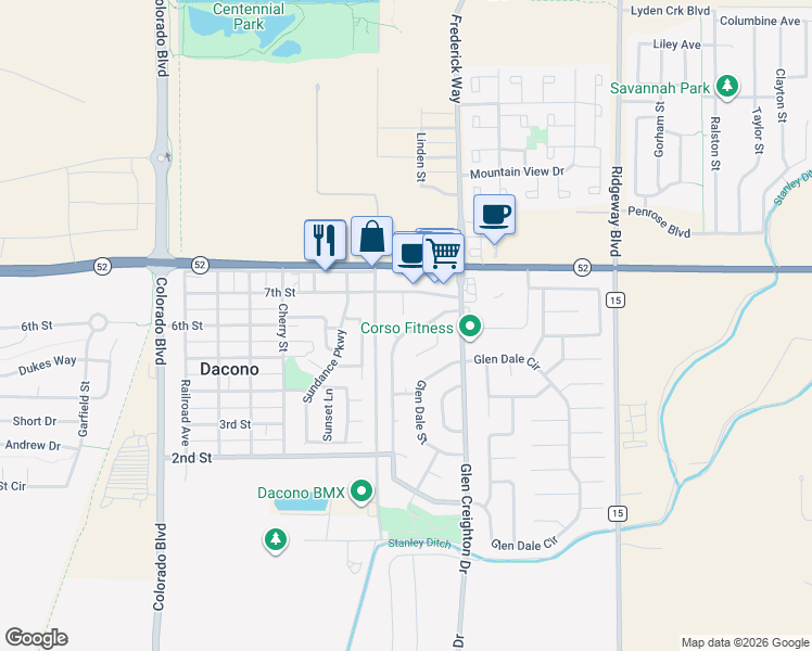 map of restaurants, bars, coffee shops, grocery stores, and more near 729 Glen Ayre Street in Dacono