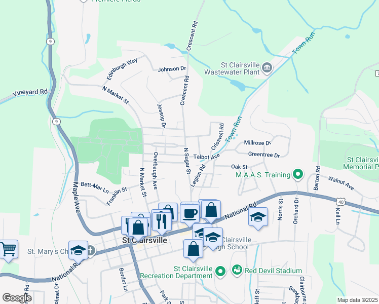 map of restaurants, bars, coffee shops, grocery stores, and more near 149 North Sugar Street in Saint Clairsville