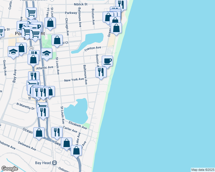 map of restaurants, bars, coffee shops, grocery stores, and more near 190 Beach Front in Point Pleasant Beach