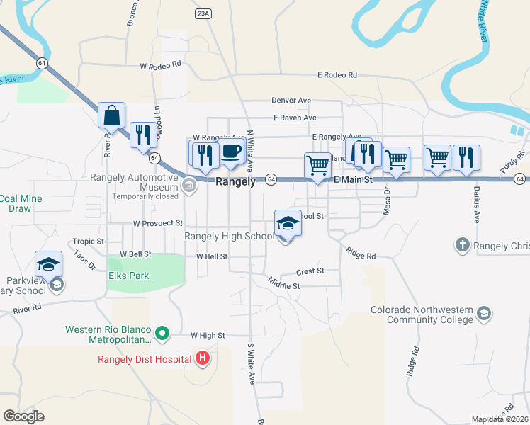 map of restaurants, bars, coffee shops, grocery stores, and more near 126 South Jones Avenue in Rangely