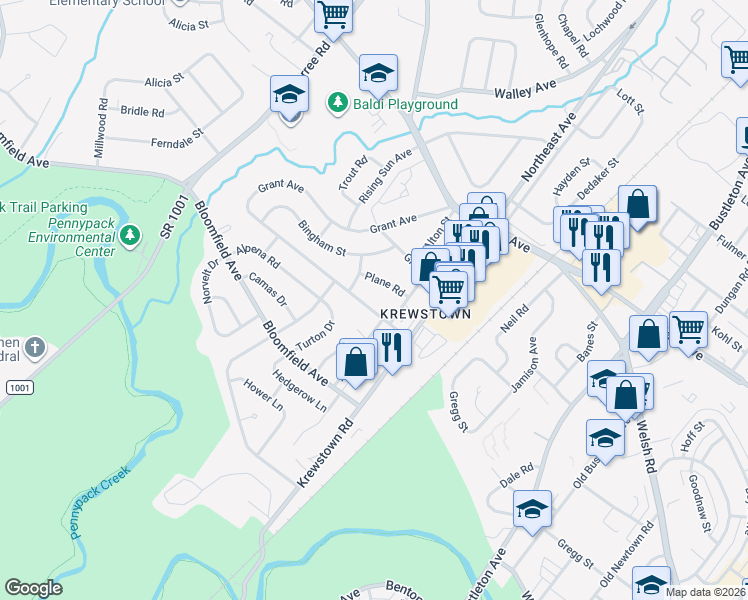 map of restaurants, bars, coffee shops, grocery stores, and more near 1113 Surrey Road in Philadelphia