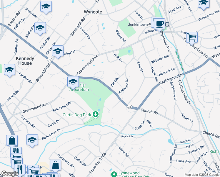 map of restaurants, bars, coffee shops, grocery stores, and more near 1201 Church Road in Wyncote