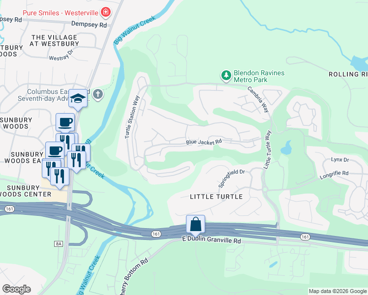 map of restaurants, bars, coffee shops, grocery stores, and more near 4861 Powderhorn Lane in Westerville