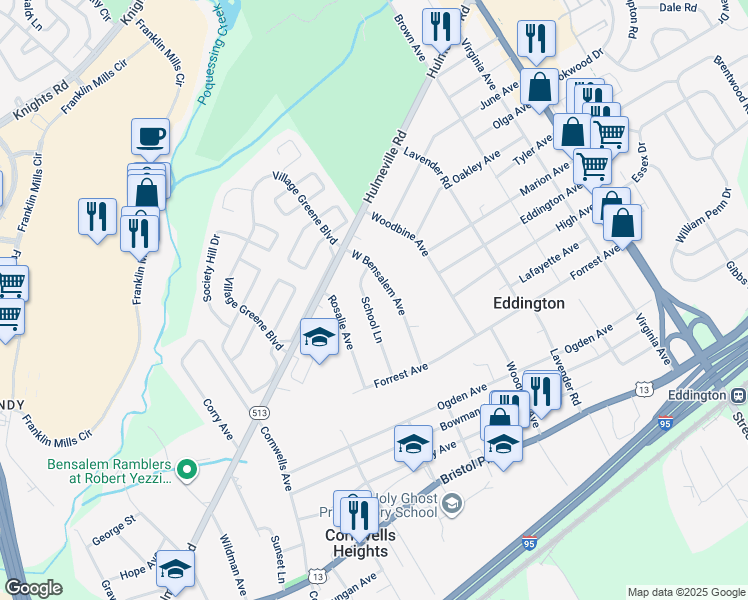 map of restaurants, bars, coffee shops, grocery stores, and more near 1457 School Lane in Bensalem