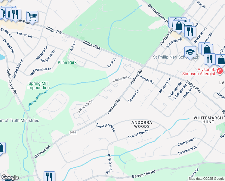 map of restaurants, bars, coffee shops, grocery stores, and more near 19 Honey Locust Court in Lafayette Hill