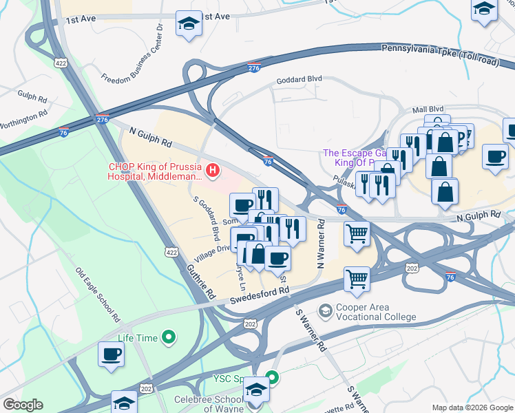 map of restaurants, bars, coffee shops, grocery stores, and more near 306 Lakeview Court in King of Prussia