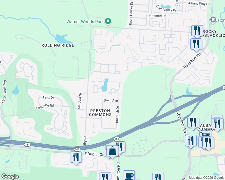 map of restaurants, bars, coffee shops, grocery stores, and more near 5748 Grackle Lane in Westerville