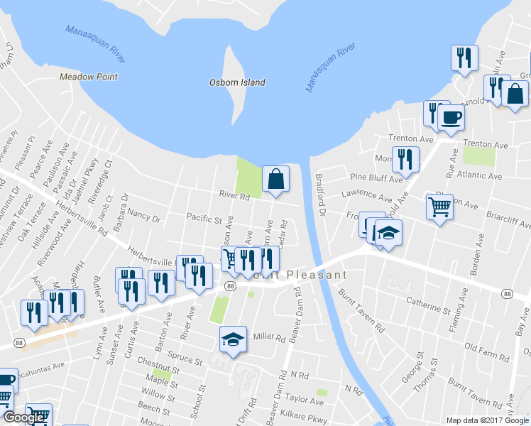map of restaurants, bars, coffee shops, grocery stores, and more near 207 Osborn Avenue in Point Pleasant