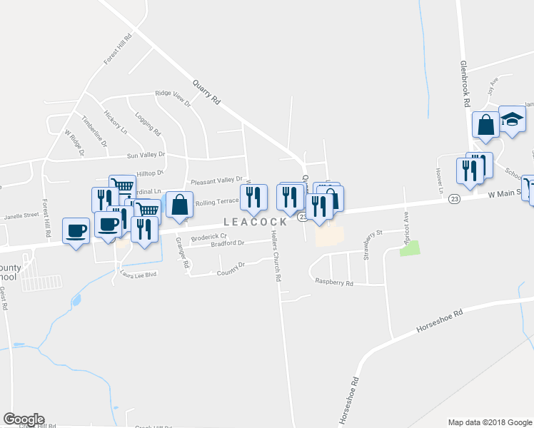 map of restaurants, bars, coffee shops, grocery stores, and more near 279 West Main Street in Leacock-Leola-Bareville