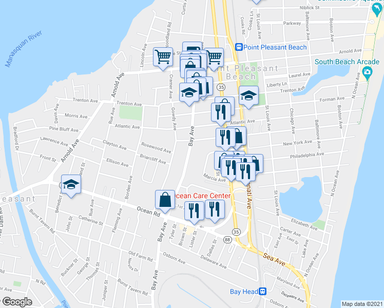 map of restaurants, bars, coffee shops, grocery stores, and more near 920 Bay Avenue in Point Pleasant Beach