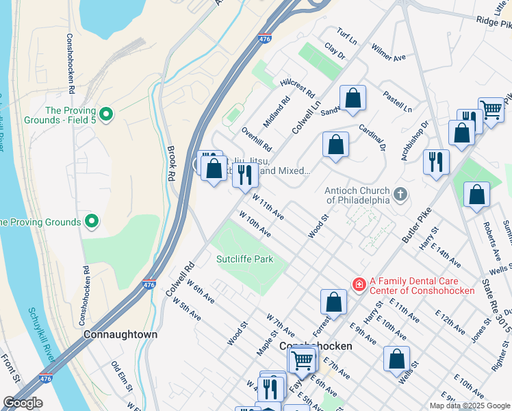 map of restaurants, bars, coffee shops, grocery stores, and more near 433 West 11th Avenue in Conshohocken