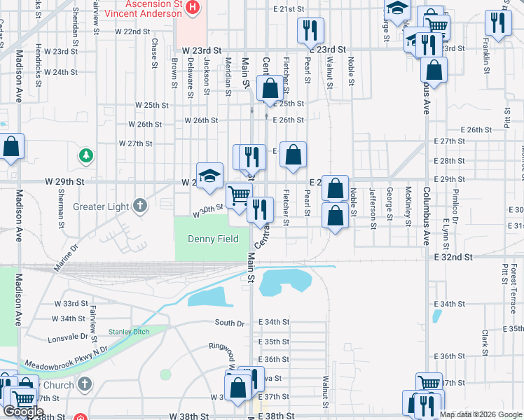 map of restaurants, bars, coffee shops, grocery stores, and more near 3011 Central Avenue in Anderson
