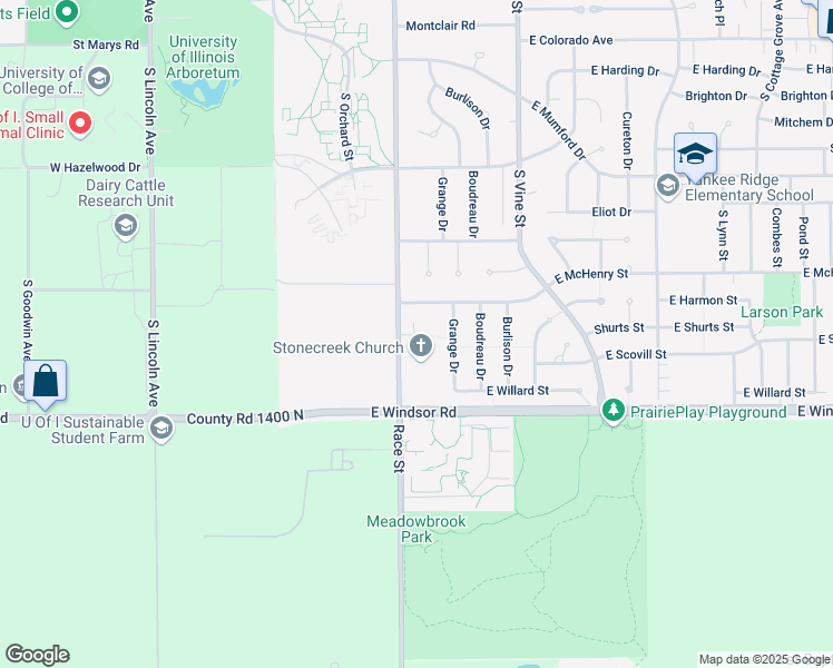 map of restaurants, bars, coffee shops, grocery stores, and more near 109 West Whitehall Court in Urbana