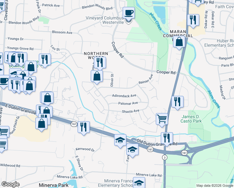 map of restaurants, bars, coffee shops, grocery stores, and more near 3106 Adirondack Avenue in Columbus