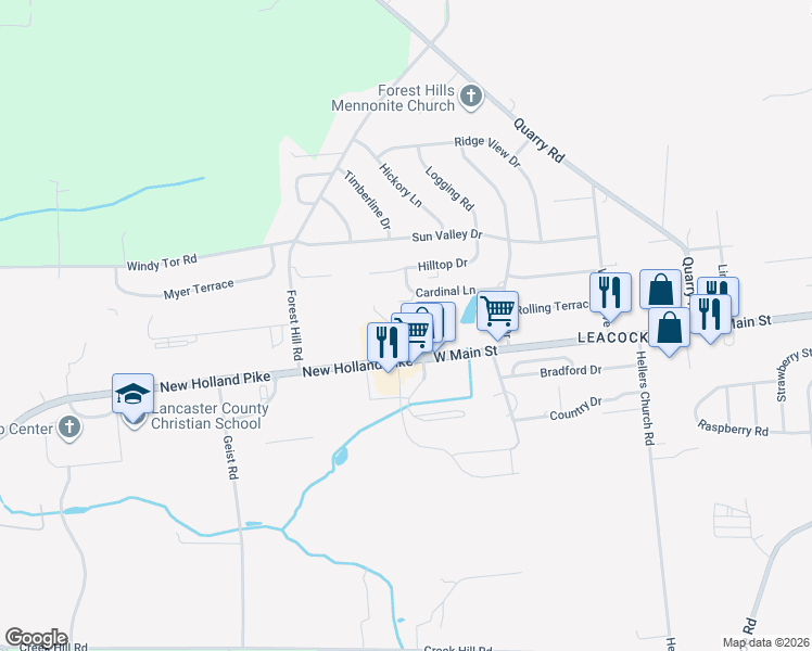map of restaurants, bars, coffee shops, grocery stores, and more near 355 West Main Street in Leacock-Leola-Bareville