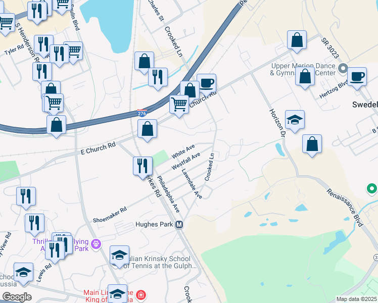 map of restaurants, bars, coffee shops, grocery stores, and more near 261 White Ave in King of Prussia