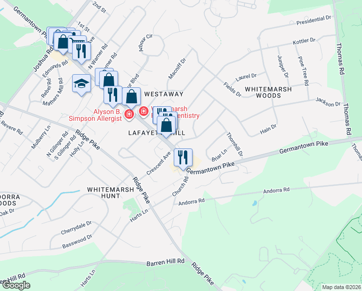 map of restaurants, bars, coffee shops, grocery stores, and more near 4002 Crescent Avenue in Lafayette Hill