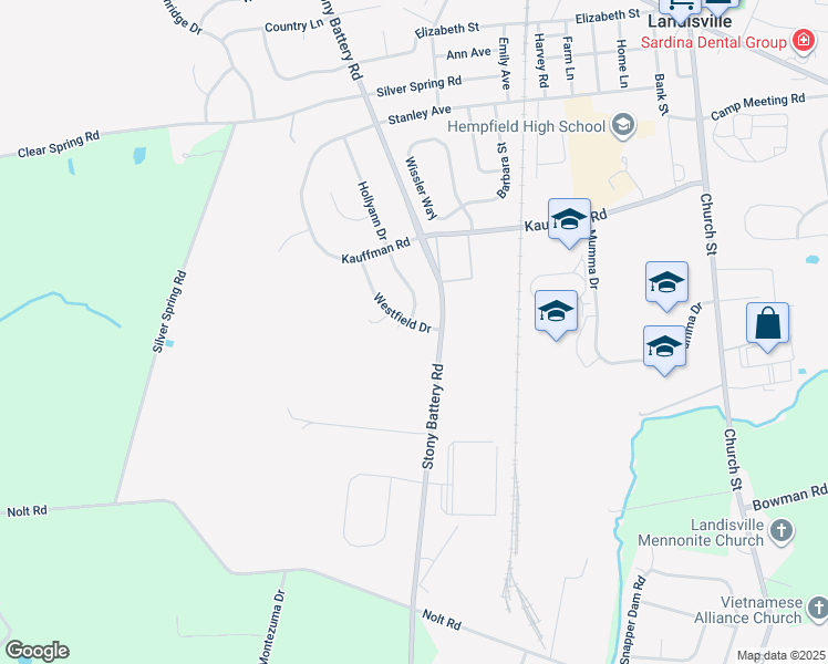 map of restaurants, bars, coffee shops, grocery stores, and more near 592 Westfield Drive in Salunga-Landisville