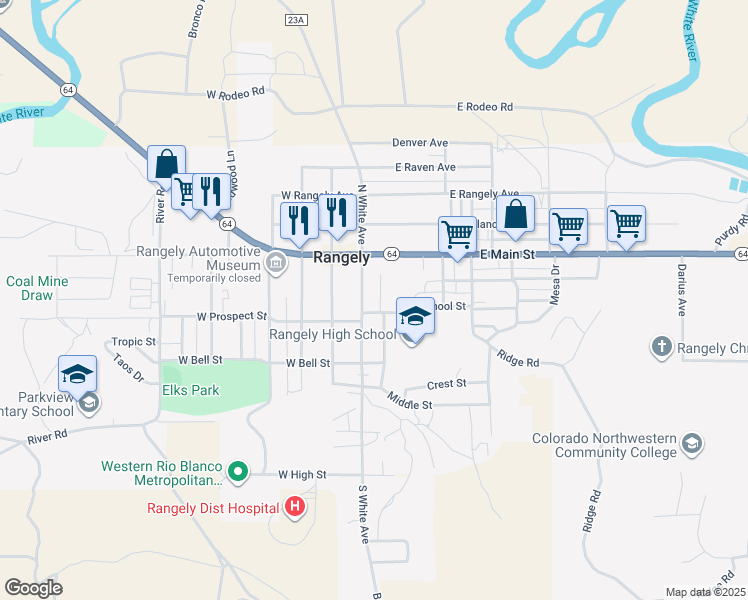 map of restaurants, bars, coffee shops, grocery stores, and more near 143 South White Avenue in Rangely