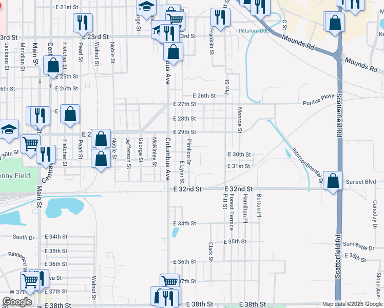 map of restaurants, bars, coffee shops, grocery stores, and more near 1121 East 30th Street in Anderson