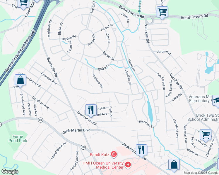 map of restaurants, bars, coffee shops, grocery stores, and more near 58 Collins Court in Brick Township