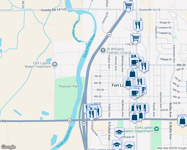 map of restaurants, bars, coffee shops, grocery stores, and more near 645 Grand Avenue in Fort Lupton