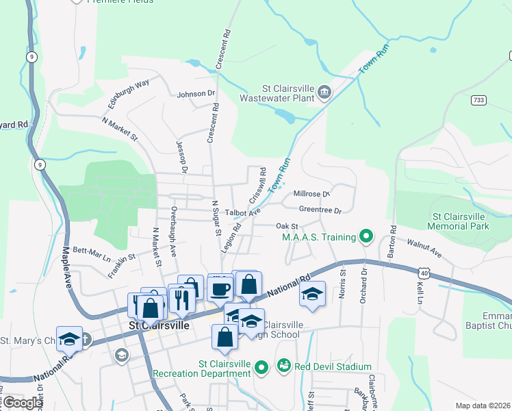 map of restaurants, bars, coffee shops, grocery stores, and more near 100 Legion Road in Saint Clairsville