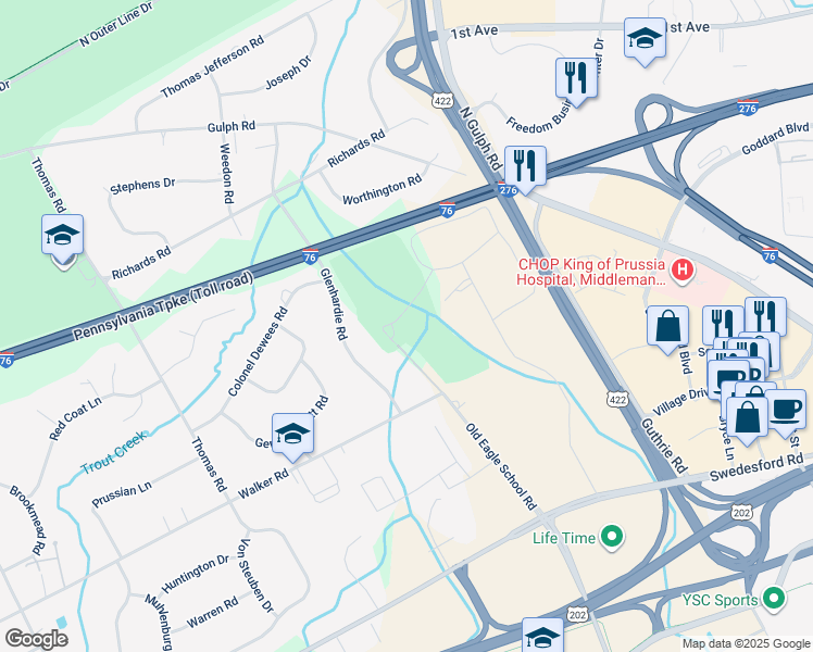 map of restaurants, bars, coffee shops, grocery stores, and more near 156 Drummers Lane in Wayne