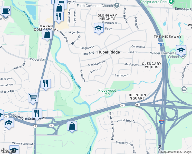 map of restaurants, bars, coffee shops, grocery stores, and more near 5520 Copenhagen Drive in Westerville