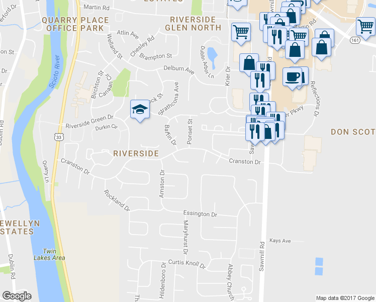 map of restaurants, bars, coffee shops, grocery stores, and more near 3061 Cranston Dr in Dublin