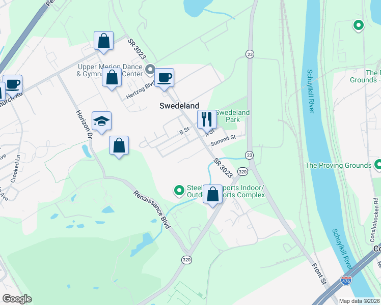 map of restaurants, bars, coffee shops, grocery stores, and more near 580 Summit St in Norristown