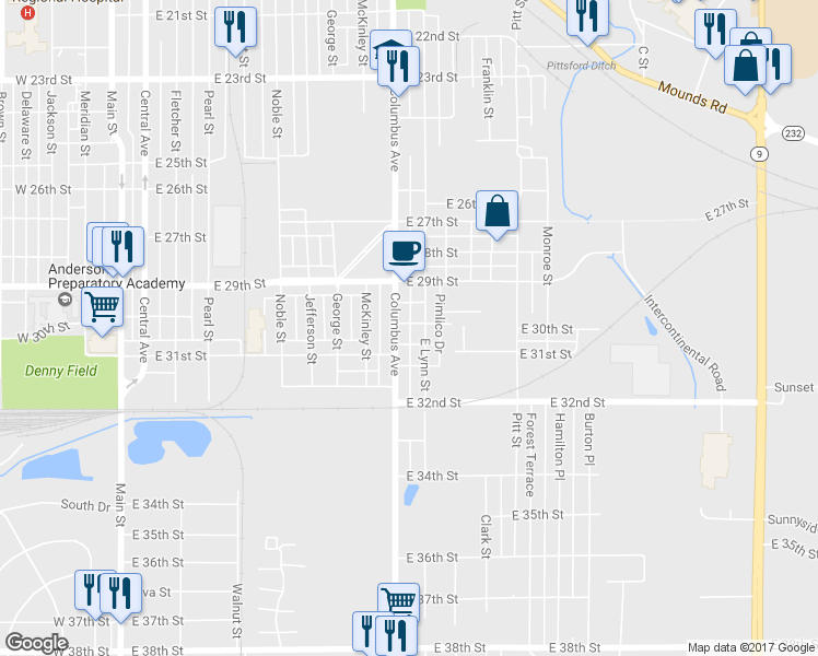 map of restaurants, bars, coffee shops, grocery stores, and more near 1007 East 30th Street in Anderson