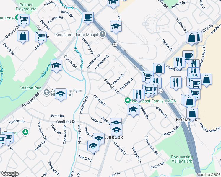 map of restaurants, bars, coffee shops, grocery stores, and more near 3870 Fairdale Road in Philadelphia