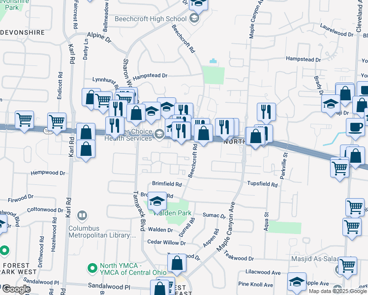 map of restaurants, bars, coffee shops, grocery stores, and more near 1973 East Dublin Granville Road in Columbus