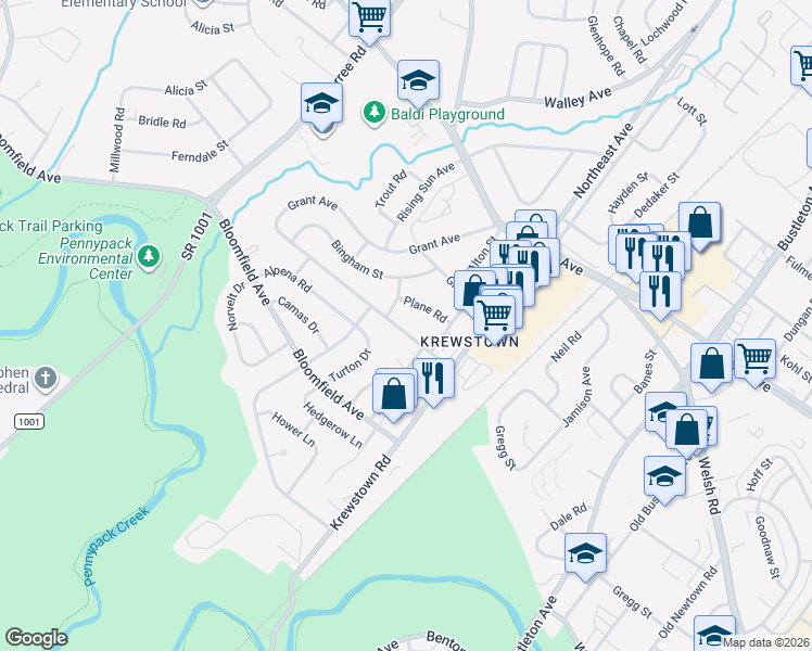 map of restaurants, bars, coffee shops, grocery stores, and more near 1113 Surrey Road in Philadelphia