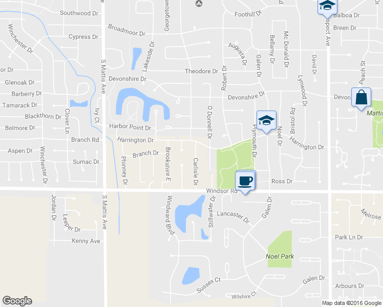 map of restaurants, bars, coffee shops, grocery stores, and more near 2207 Carlisle Drive in Champaign