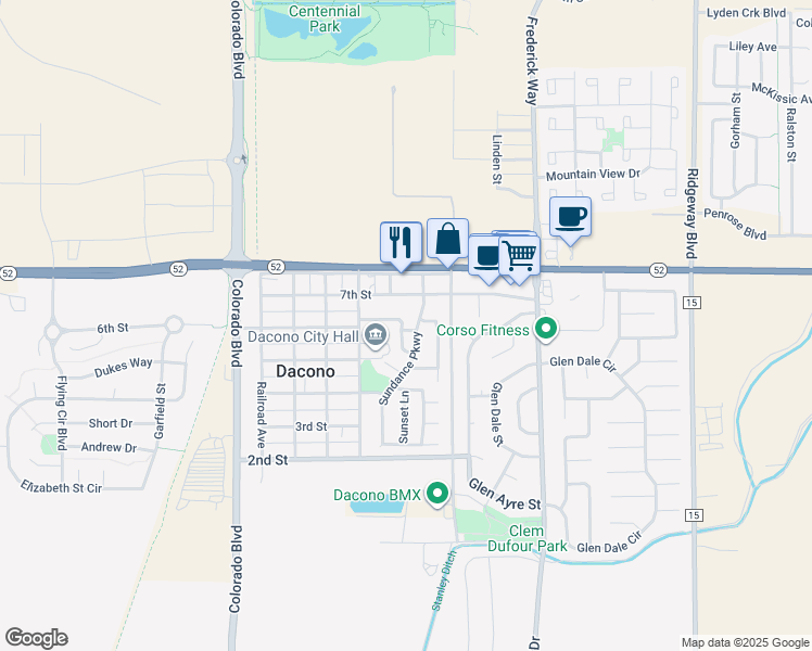 map of restaurants, bars, coffee shops, grocery stores, and more near 522 Horizon Place in Dacono