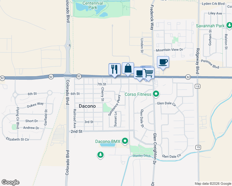 map of restaurants, bars, coffee shops, grocery stores, and more near 522 Horizon Place in Dacono