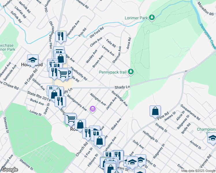 map of restaurants, bars, coffee shops, grocery stores, and more near 265 Rockledge Avenue in Huntingdon Valley
