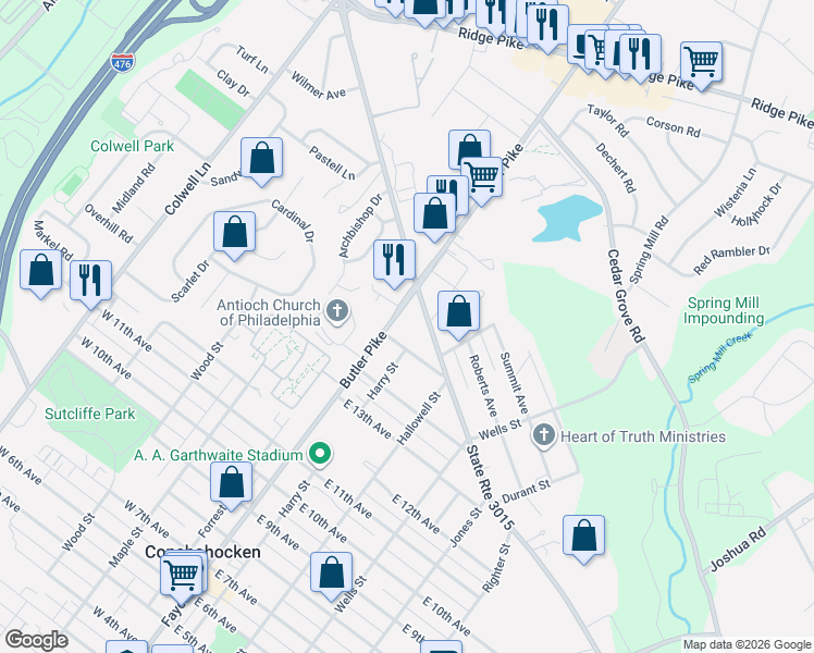 map of restaurants, bars, coffee shops, grocery stores, and more near 1509 Butler Pike in Conshohocken