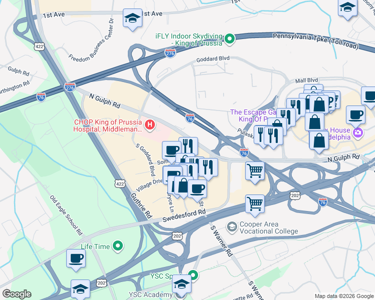 map of restaurants, bars, coffee shops, grocery stores, and more near 306 Lakeview Court in King of Prussia
