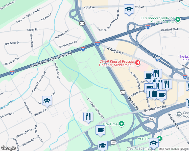map of restaurants, bars, coffee shops, grocery stores, and more near 168 Drummers Lane in Wayne