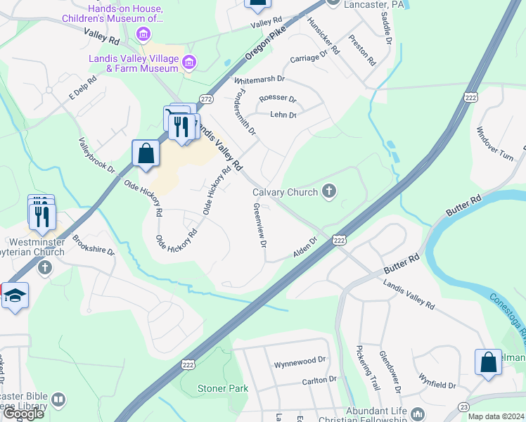 map of restaurants, bars, coffee shops, grocery stores, and more near 123 Greenview Drive in Lancaster