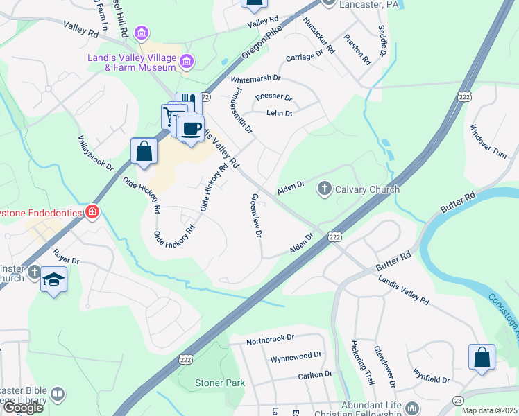 map of restaurants, bars, coffee shops, grocery stores, and more near 109 Greenview Dr in Lancaster