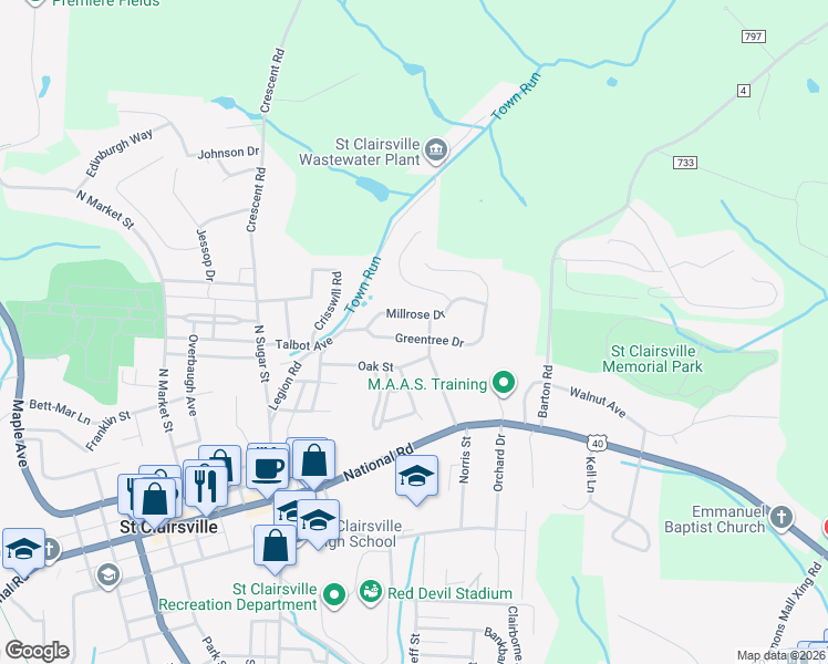 map of restaurants, bars, coffee shops, grocery stores, and more near 201 Greentree Drive in Saint Clairsville