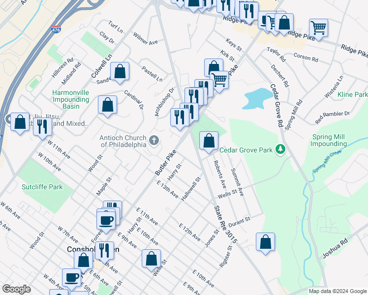 map of restaurants, bars, coffee shops, grocery stores, and more near 1515 Butler Pike in Conshohocken