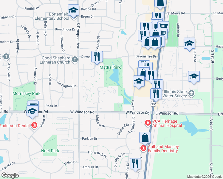 map of restaurants, bars, coffee shops, grocery stores, and more near 1925 Melrose Drive in Champaign