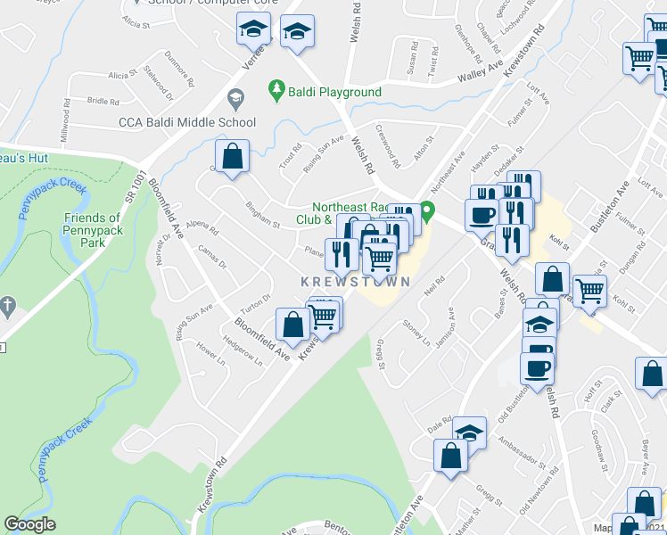 map of restaurants, bars, coffee shops, grocery stores, and more near 9214 Alton Street in Philadelphia