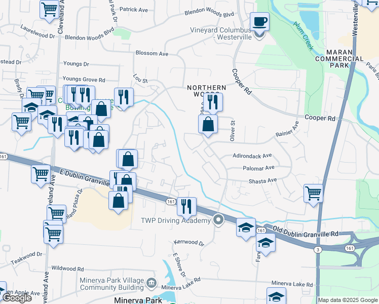 map of restaurants, bars, coffee shops, grocery stores, and more near 5601 Little Ben Circle in Columbus
